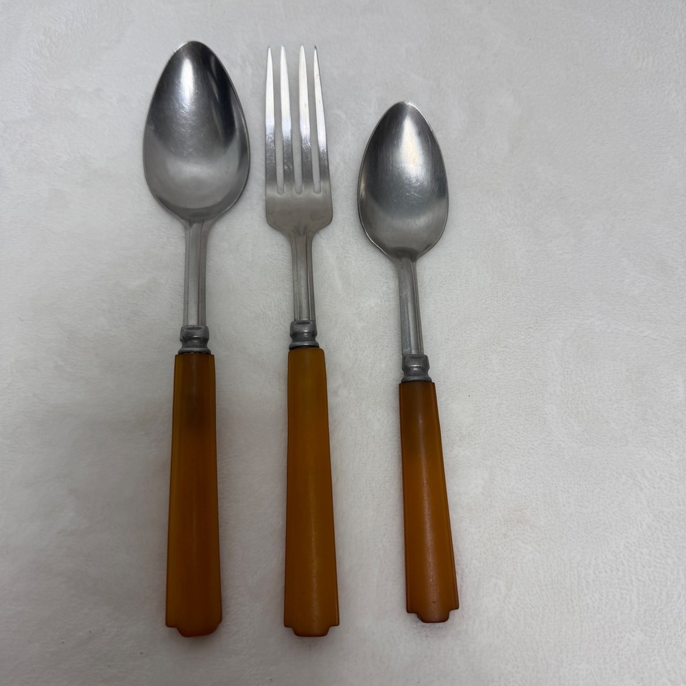 VTG Bakelite Flatware‎ 3pc Set Butterscotch Amber Handles Fork Spoons